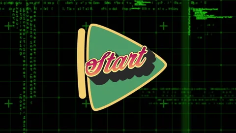 Animation of retro Start button over digital grid with green coding elements Stock Footage 304078135