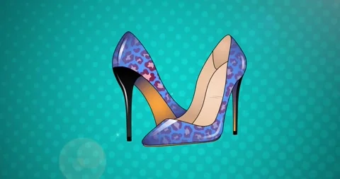 Animation of retro text and blue leopard pattern stiletto shoes on blue Stock Footage 257176798