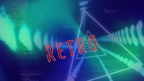 Animation of retro text banner over neon triangular tunnel in seamless pattern Stock Footage 253480651