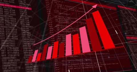 Animation of rising bar graph with upward arrow over red digital code background Stock Footage 304648770
