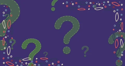 Animation of rising green question marks and colourful patterned frame on purple Video stock 328289227