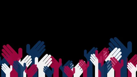 Animation of rising hands for voting in colors of US flag on black background 库存影片 259150257