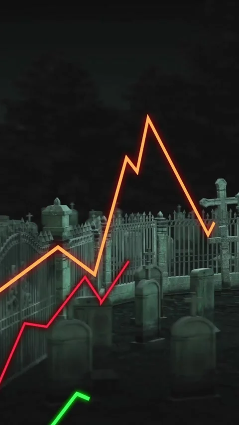 Animation of rising line graphs over graveyard scene at night, depicting data Stock Footage 344370528