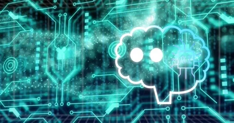 Animation of robot, binary codes in speech bubble, dynamic wave and circuit Stock Footage 257103652