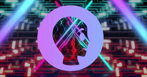 Animation of robot in circle with illuminated abstract tunnel and moving lines Stock Footage 315644746