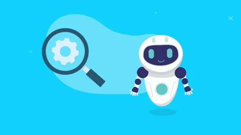 Animation of robot with a friendly smile floats on a bright blue background. To Stock Footage 277324956