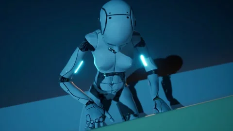 Animation of robot humanoid a.i. play on piano. Artificial intelligence make Stock-Footage 246679782