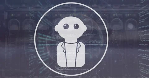 Animation of robot icon in circle with computer language over cables Video stock 257103040