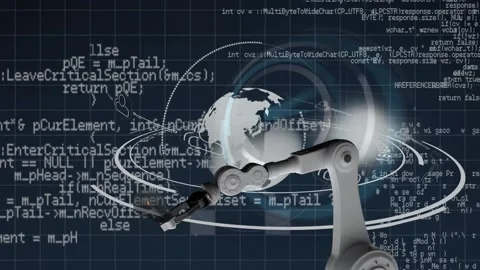 Animation of robotic arm holding bulb over globe with shield, clock and Stock Footage 211547910