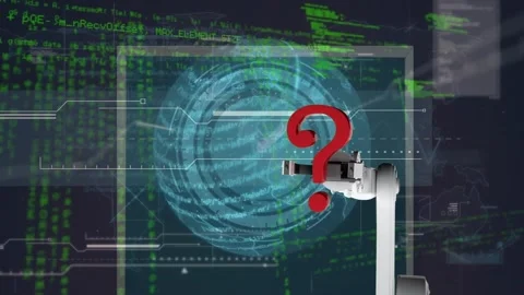 Animation of robotic arm holding question mark sign over globe, clock, map and Stock Footage 328936692