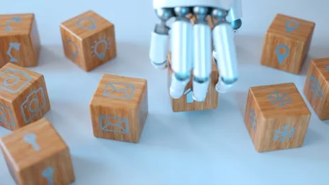 Animation with robotic arm stacking wooden cubes with smart home icons. Stock Footage 260902005