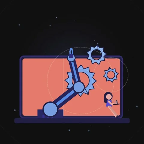 Animation of robotic arm working with gears inside screen in flat vector st.. Stock Footage 341220271