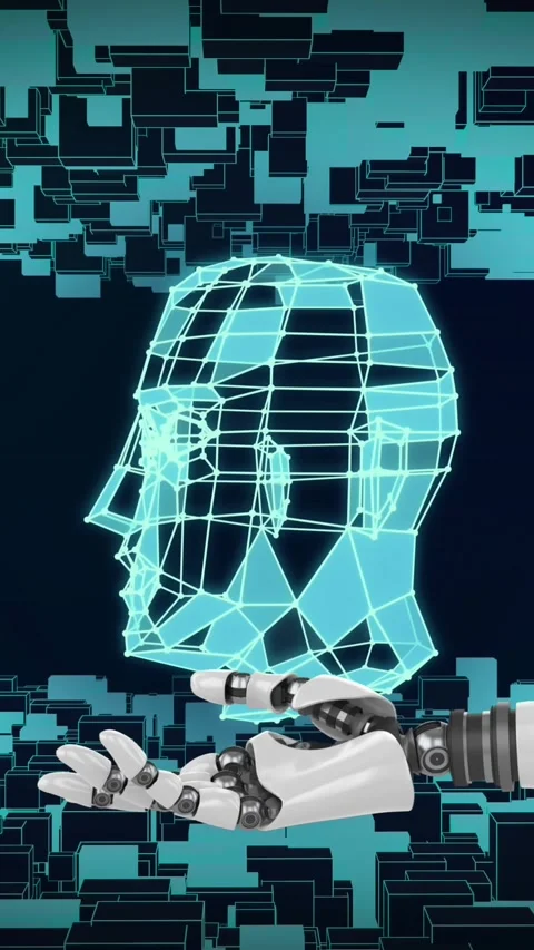 Animation of robotic hand with digital head and shapes on black background Stock Footage 343079024