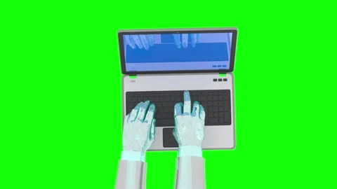 Animation robotic metal hands work on a laptop as a concept of artificial ai Stock-Footage 258998778