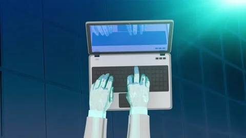 Animation robotic metal hands work on a laptop as a concept of artificial ai Stock Footage 258999809