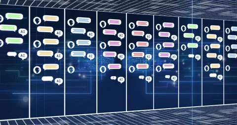 Animation of robots and message boxes in rectangles with grid pattern against Stock Footage 257103646