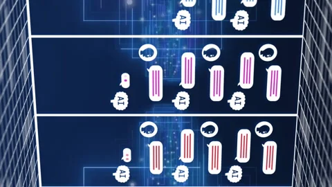 Animation of robots and message boxes in rectangles with grid pattern against Stock Footage 312389337