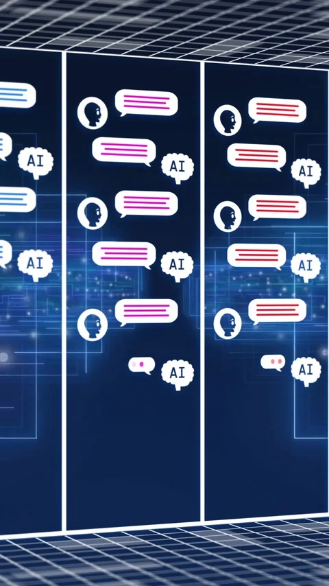 Animation of robots and message boxes in rectangles with grid pattern against Stock Footage 323577836