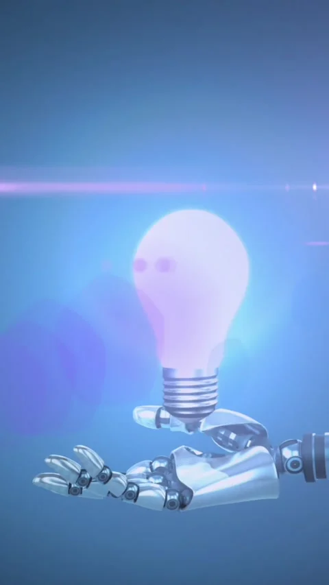 Animation of robot's arm and light bulb with data processing Stock Footage 344765797