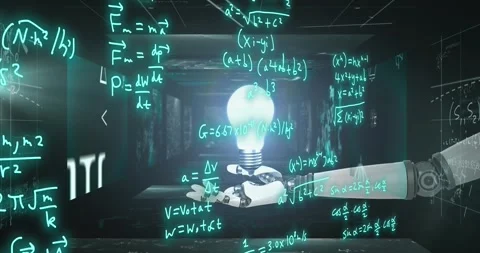 Animation of robot's arm, mathematical formulae and scientific data processing Stock Footage 329408662