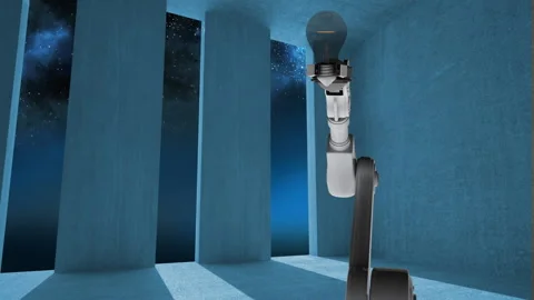 Animation of robot's hand holding light bulb on blue background Stock Footage 155025078