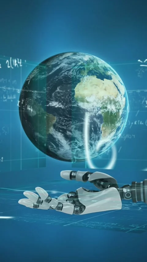 Animation of robot's hand over globe and scientific data processing over screens Stock Footage 343866913