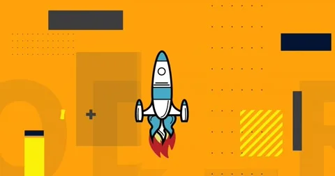Animation of rocket icon over abstract shapes against yellow background Stock Footage 235958602