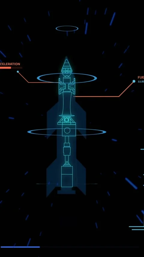 Animation of rocket model with data processing over light trails on black Stock Footage 341659842