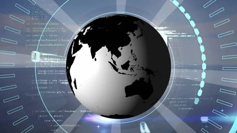 Animation of rotating black and white globe, abstract patterns, programming Stock Footage 327003932