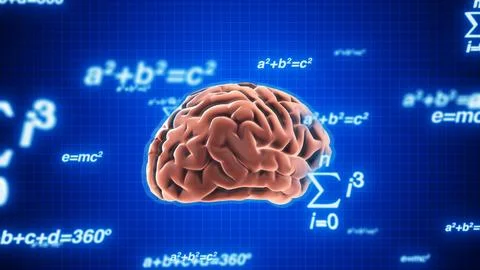 Animation of rotating brain and math formulas on blue background Illustrazione stock