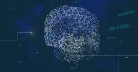 Animation of rotating brain with connections over world map and diverse data Stock Footage 328148790