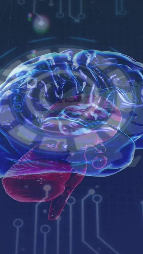 Animation of rotating brain over icons integrated circuit and world map Stock Footage 323579074