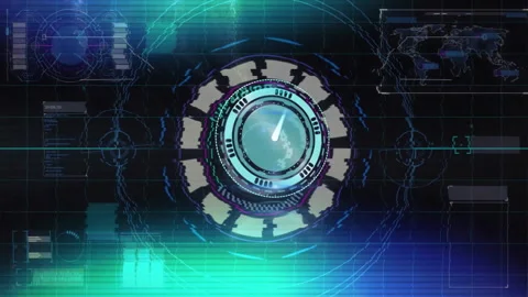 Animation of rotating circular elements and world map graphics in digital Stock Footage 304015582