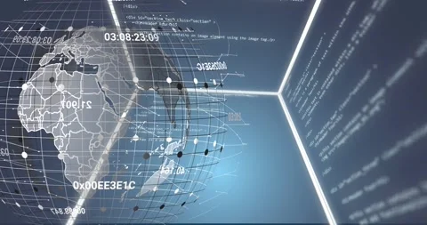 Animation of rotating cube and globe with data processing over dark blue Video stock 329160387