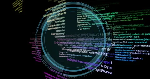 Animation of rotating digital code and circular interface elements on black Stock Footage 304840011