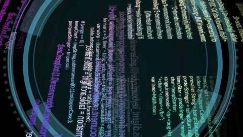 Animation of rotating digital code and circular interface elements on black Stock Footage 313166799