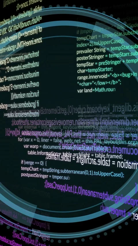 Animation of rotating digital code and circular interface elements on black Stock Footage 319617507