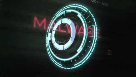 Animation of rotating digital interface elements with MALWARE text in red Stock Footage 303608290