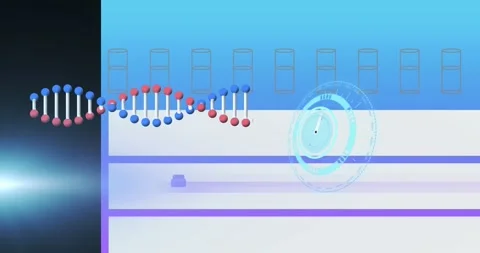 Animation of rotating dna helix with abstract pattern, digital clock and glowing Stock Footage 329511105
