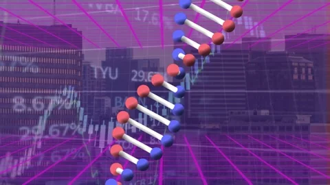 Animation of rotating dna helix in black circle with trading board and graphs Stock Footage 329372243