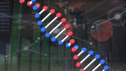 Animation of rotating dna helix, dots connected with lines over infographic Stock Footage 327524132