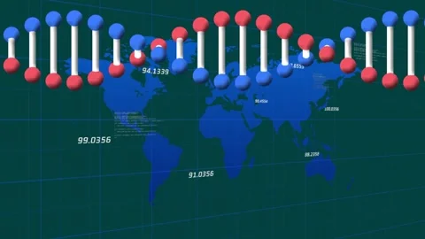 Animation of rotating dna helix with numbers over map and computer language on Stock Footage 328311767