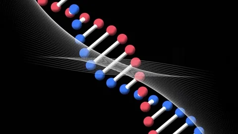 Animation of rotating dna strand over intersecting curved white parallel lines Stock Footage 157321080