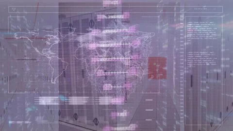 Animation of rotating dna strand over programing data processing and world map Video stock 329971398