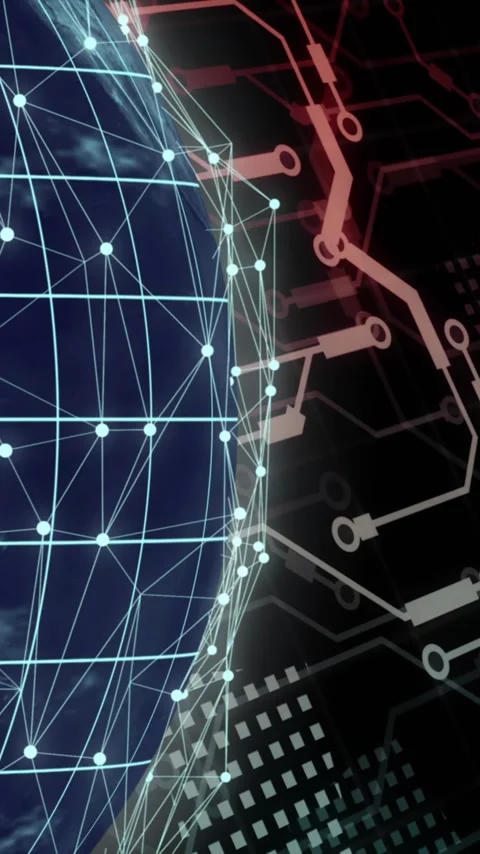 Animation of rotating global network over data transferring through motherboard Stock Footage 323781431
