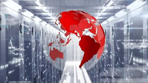 Animation of rotating globe and computer language over data server room Stock Footage 326103747