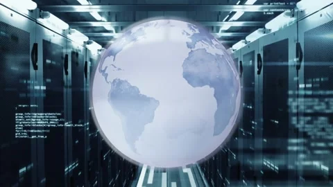 Animation of rotating globe and computer language over bars on data server racks 스톡 동영상 328648877