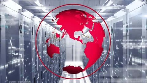Animation of rotating globe and computer language over bars on data server room Vídeos de archivo 329697137