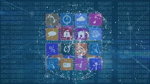 Animation of rotating globe and cube made of icons over numbers and network of Stock Footage 328153550