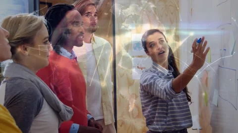 Animation of rotating globe and data over smiling diverse colleagues stacking Stock Footage 326095276